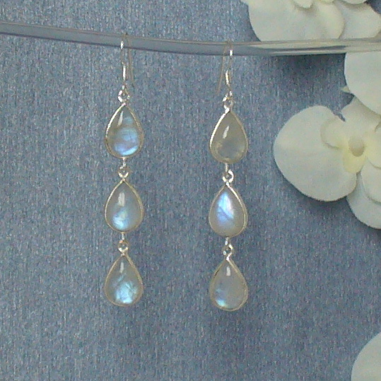 Discover the energetic properties of gemstones and semi precious stones, here rainbow moonstone earrings, white blue  stone