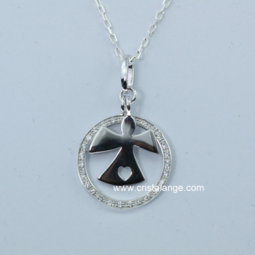 Rhodium plated silver guardian angel necklace in its zirconium circle