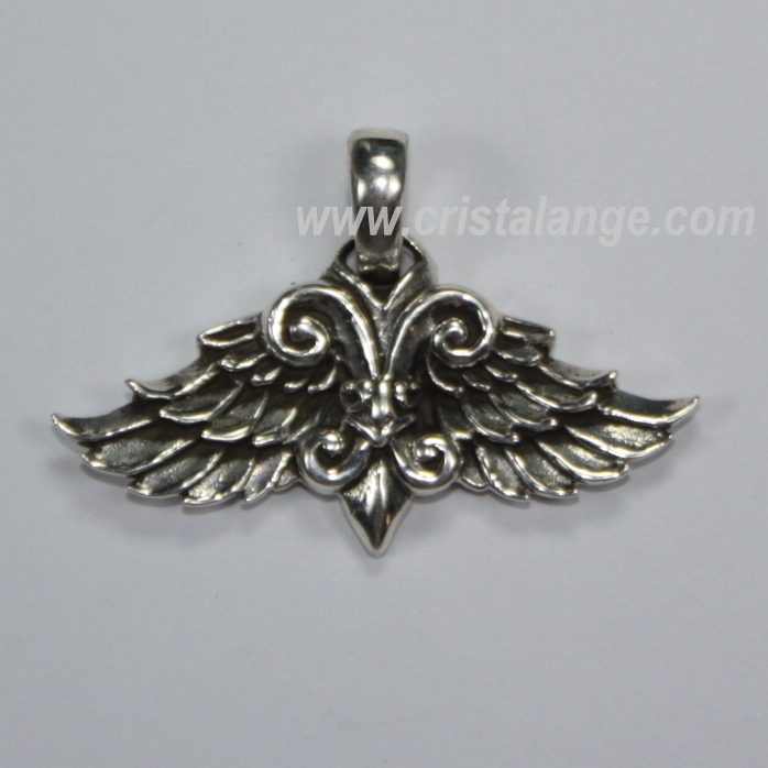 Silver angel wing and fleur-de-lis pendant