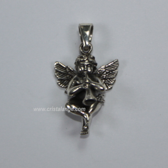 Silver angel pendant with a flute