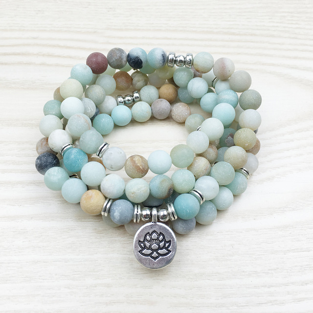 Mala necklace in mat amazonite with bouddha, lotus flower or om charm