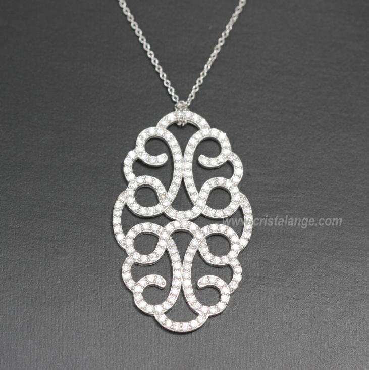 Rhodiated silver necklace with oval zirconium pendant