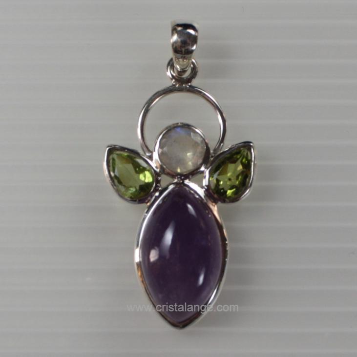 Discover our jewellery with semi precious stones and guardian angels, here an amethyst cameo, purple semi precious stone, peridots green gemstone and a moonstone