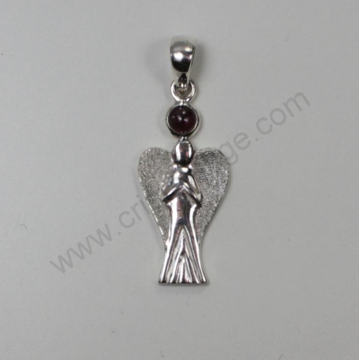 Discover our jewellery with semi precious stones and guardian angels, here a silver angel with a garnet cameo