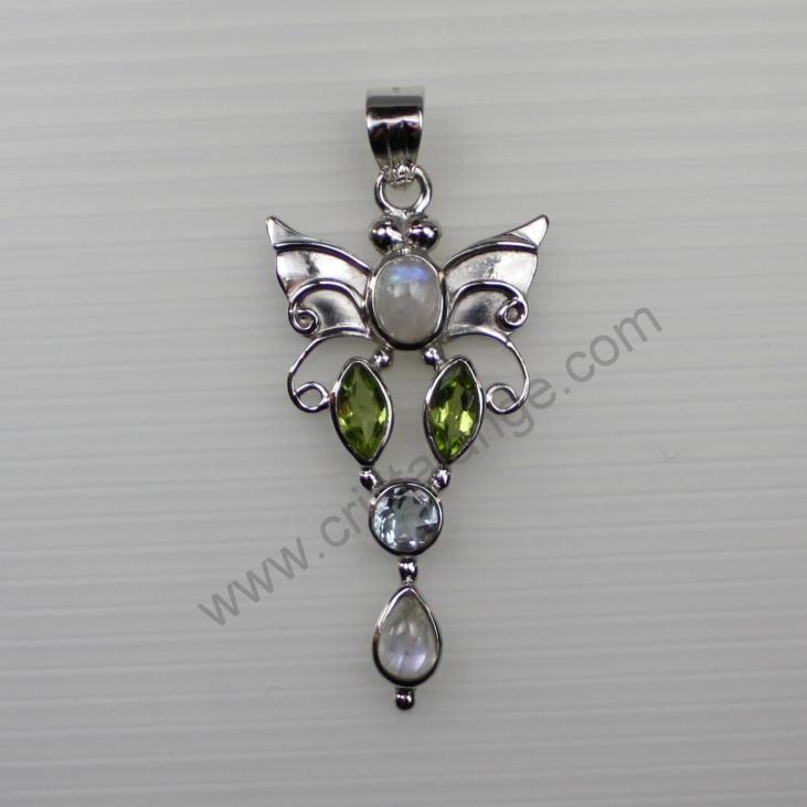 Silver Art Déco pendant with gems: moonstone, peridot and topaze