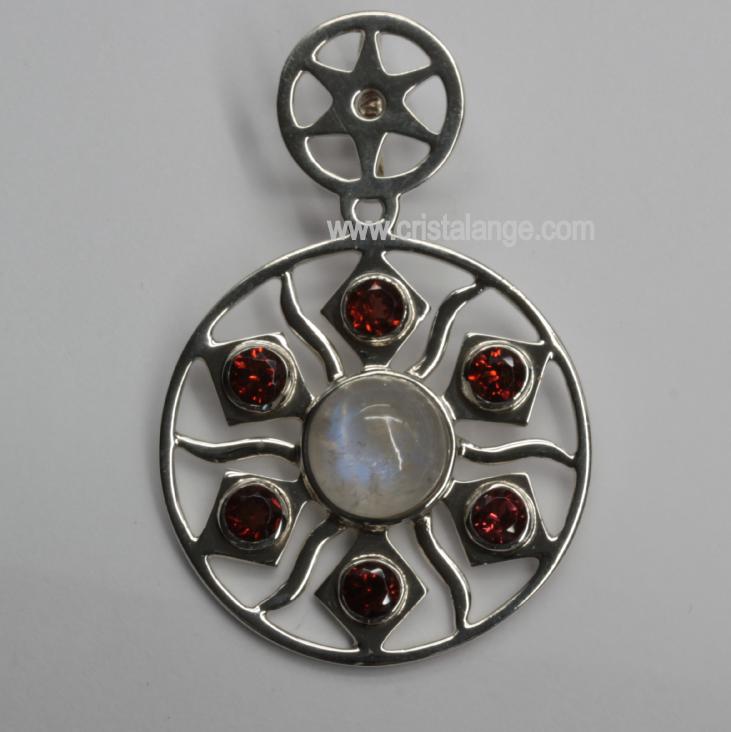 Discover the healing power of stones with this garnet, red semi precious stone and moonstone pendant