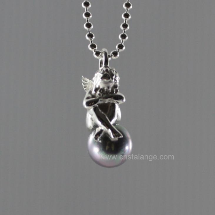 Necklace with sleeping guardian angel on a grey pearl