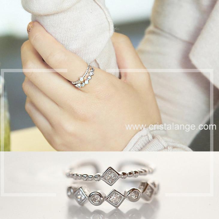 Square double rank strass & silver ring
