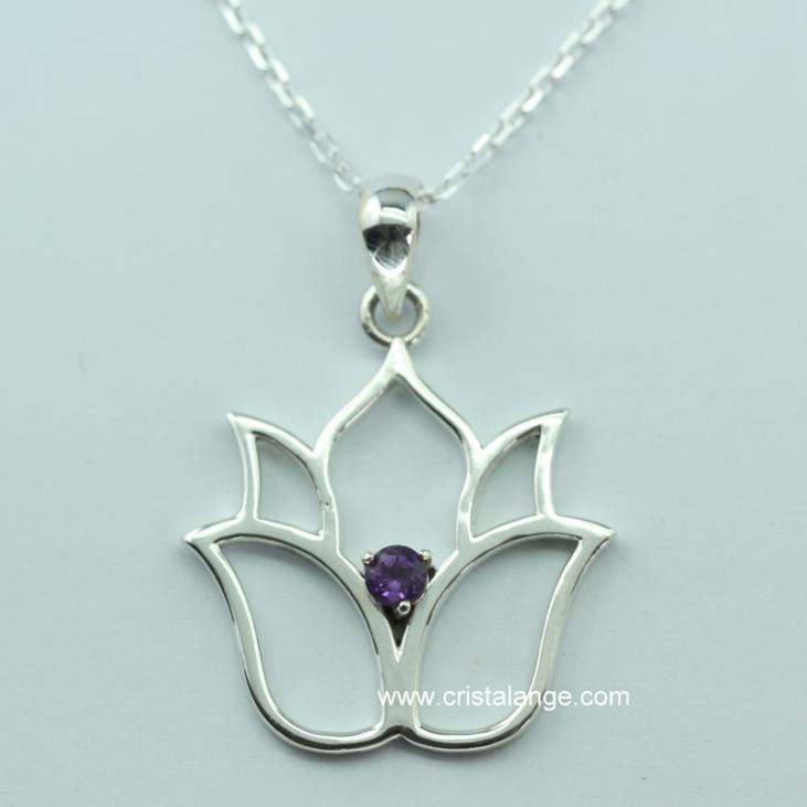 Lotus flower with amethyst silver necklace