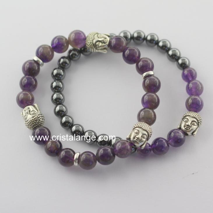 Set of 2 hematite and amethyst bracelets with silvered metal buddhas