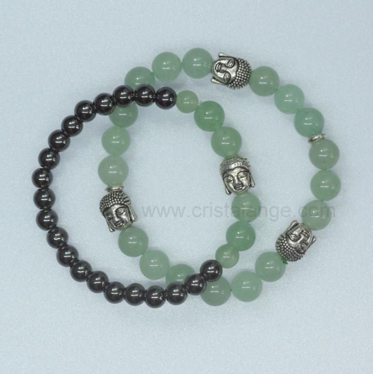 Set of 2 hematite and green aventurine bracelets with silvered metal buddhas