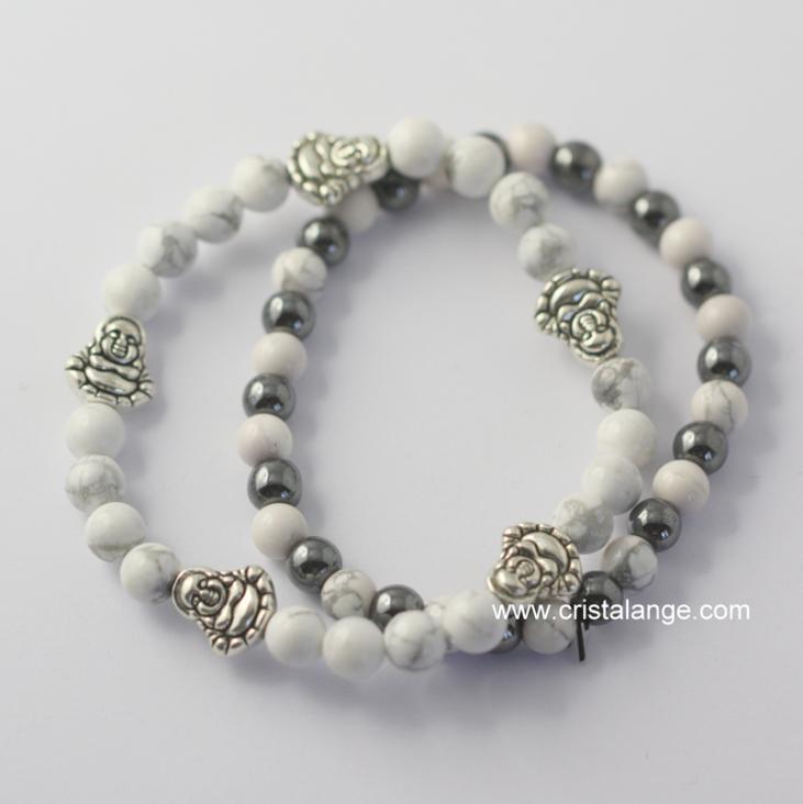 Set of 2 hematite and howlite bracelets with 5 silvered metal buddhas