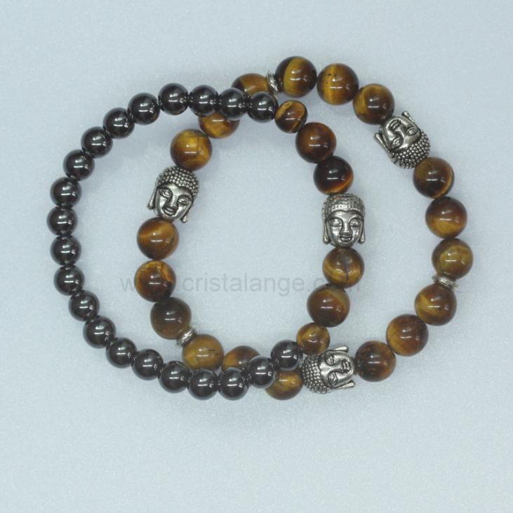 Set of 2 hematite and tiger's eye bracelets with silvered metal buddhas