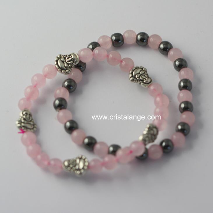 Set of 2 hematite and rose quartz bracelets with silvered 5 metal buddhas