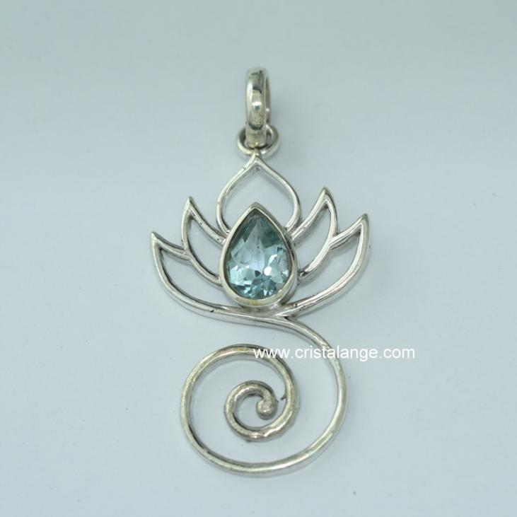 Lotus flower silver pendant with facetted amethyst or blue topaze