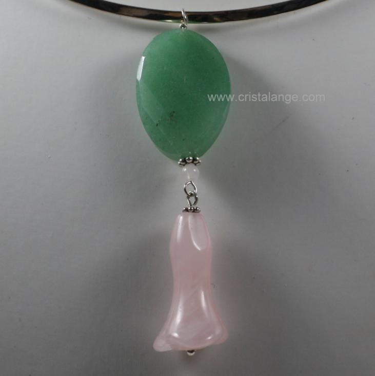 Découvrez notre gamme de bijoux lithothérapie avec des pierres gemmes semi précieuses, ainsi ce pendentif en aventurine verte et quartz rose